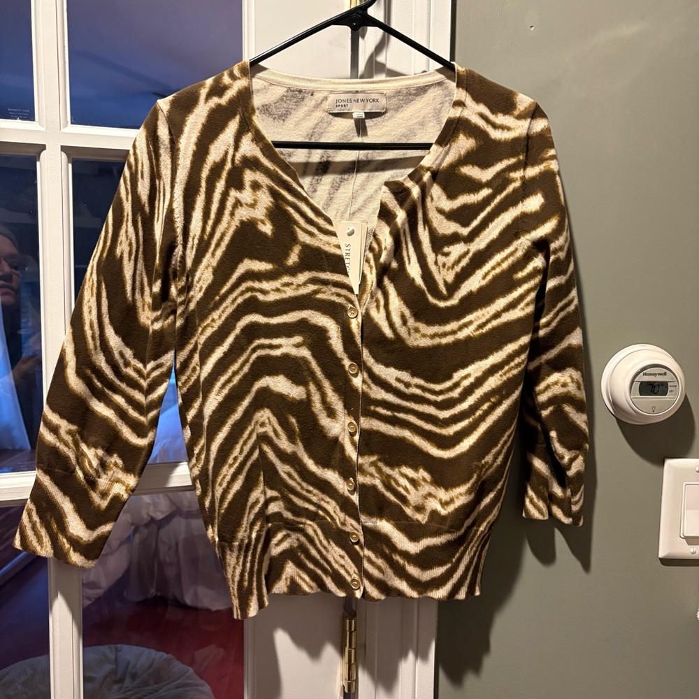 NWT- Jones NY sport Brown and Cream Zebra Print Cardigan
